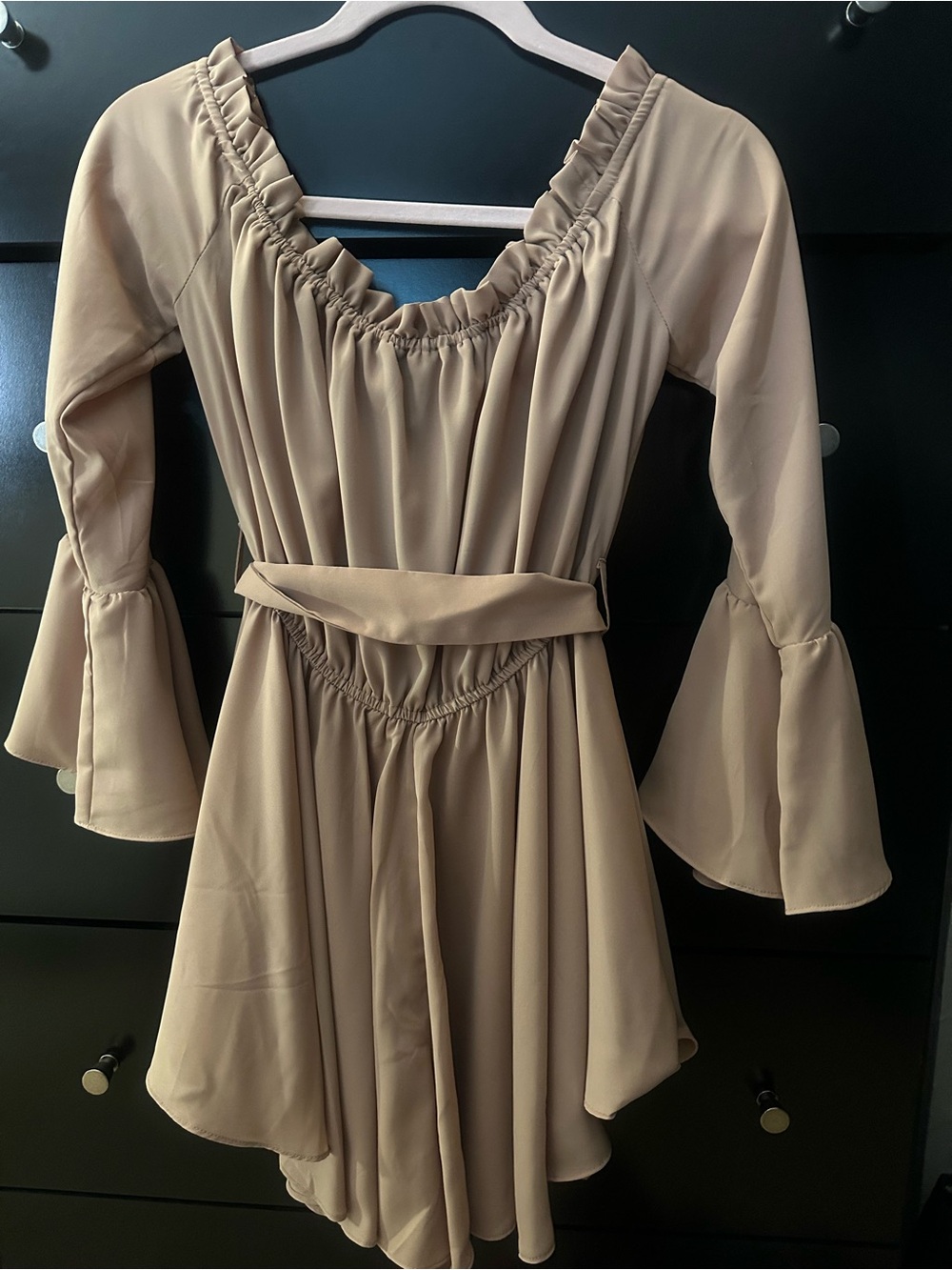 Bell Sleeve V-Neck Wrap Jumpsuit Romper in Camel - Picture 4 of 6